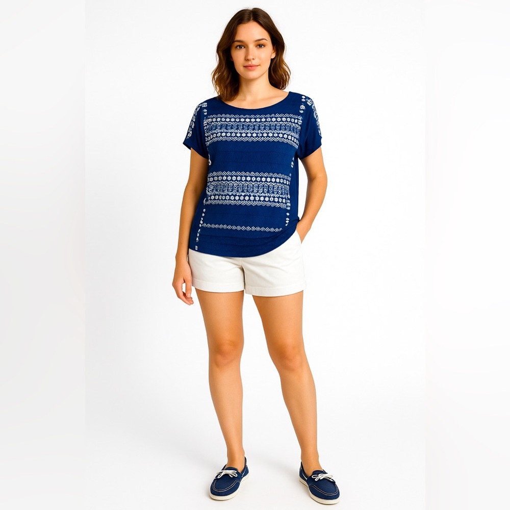 J.Crew XS Navy Blue White Embroidered Boho Artisan Cotton Tunic Top